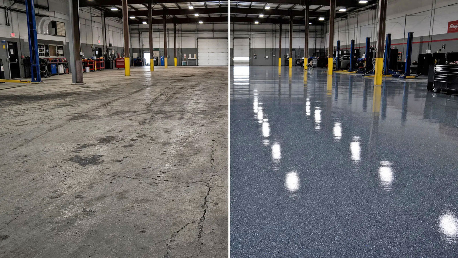Commercial floor coating before and after — shop floor example